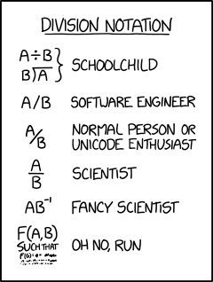 [The transcript has both formatted text for visuals and a description at the start of the line.] [Underlined text:] Division notation [A [Division sign] B is above, B [Long division symbol] A is below. They are connected by a close brace.] [Label on the right:] Schoolchild A/B [Label:] Software engineer [A/B except the A is slightly above and the B is slightly below, and the slash is more diagonal to fit them.] A⁄B [Label:] Normal person or Unicode enthusiast [A fraction with A on the top and B on the bottom.] [Label:] Scientist [AB with -1 in superscript.] [Label:] Fancy scientist F(A, B) [text gets smaller] such that [text gets smaller] F(G)= [Text is too small to read] [Label:] Oh no, run